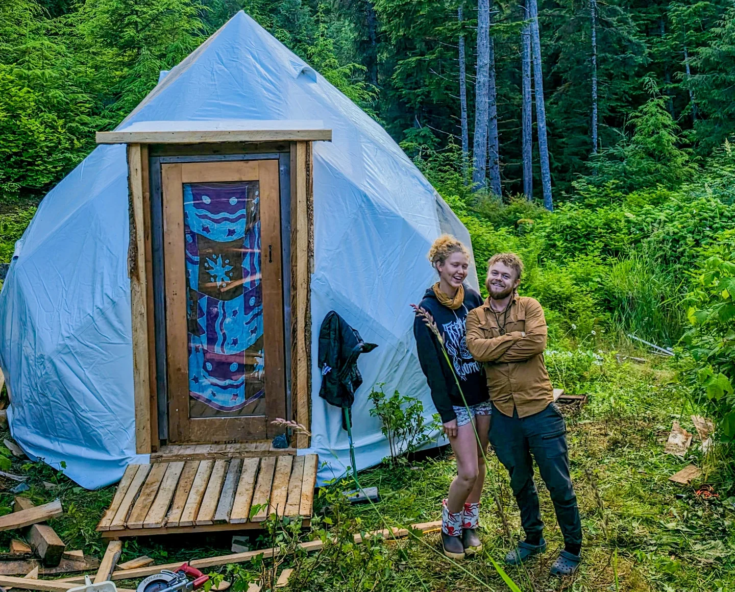 Completed covered Trillium zome with its builders